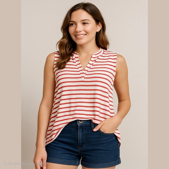 Chico's Tops - Chicos Sleeveless Striped V-Neck Relaxed Fit Tunic Slub Tank